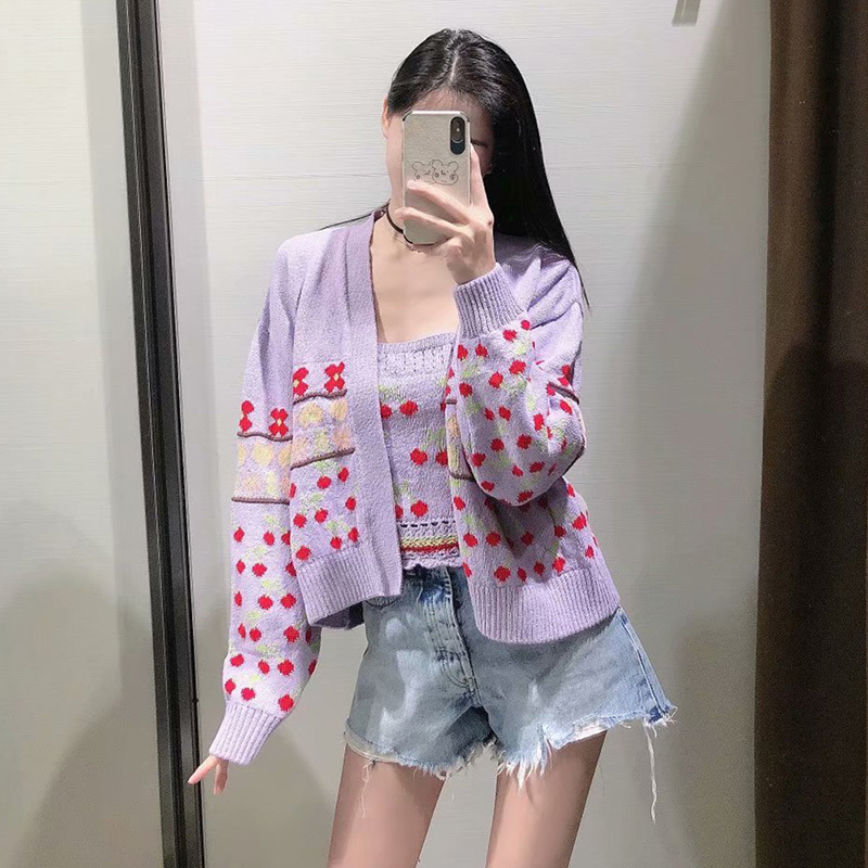 Women Sweet Cherry Print Open Stitching Knitted Sweater Female Chic Color Match Patchwork Loose Cardigans Tops 210521