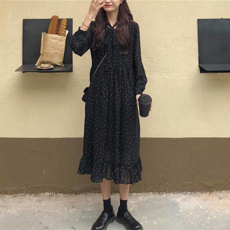 Women Lace-up Long Sleeve Female A-line Vintage Loose Dress Polka Dots Print Chiffon Vestidos Femme Autumn 10860 210518