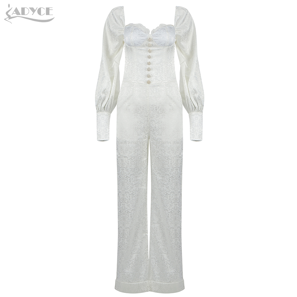 Winter Women White Long Sleeve Jumpsuits Sexy Lace Full Pants Buttons Club Celebrity Bodysuits 210423