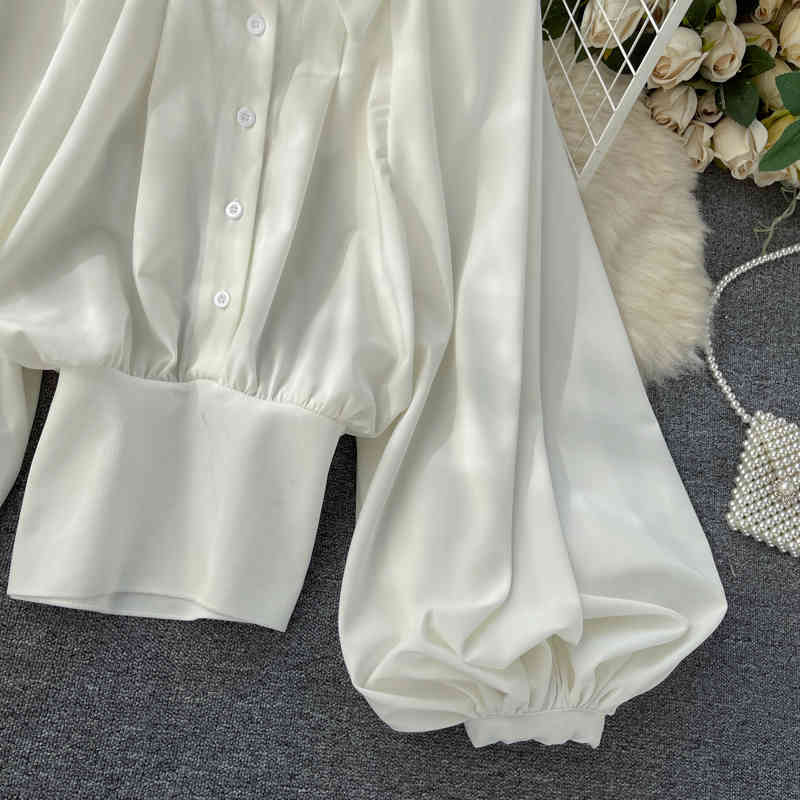 Nomikuma Women Blouses Korean Lantern Sleeve Turn-down Collar Shirt Causal Slim Waist Elegant Blusas Mujer De Moda 6G156 210427