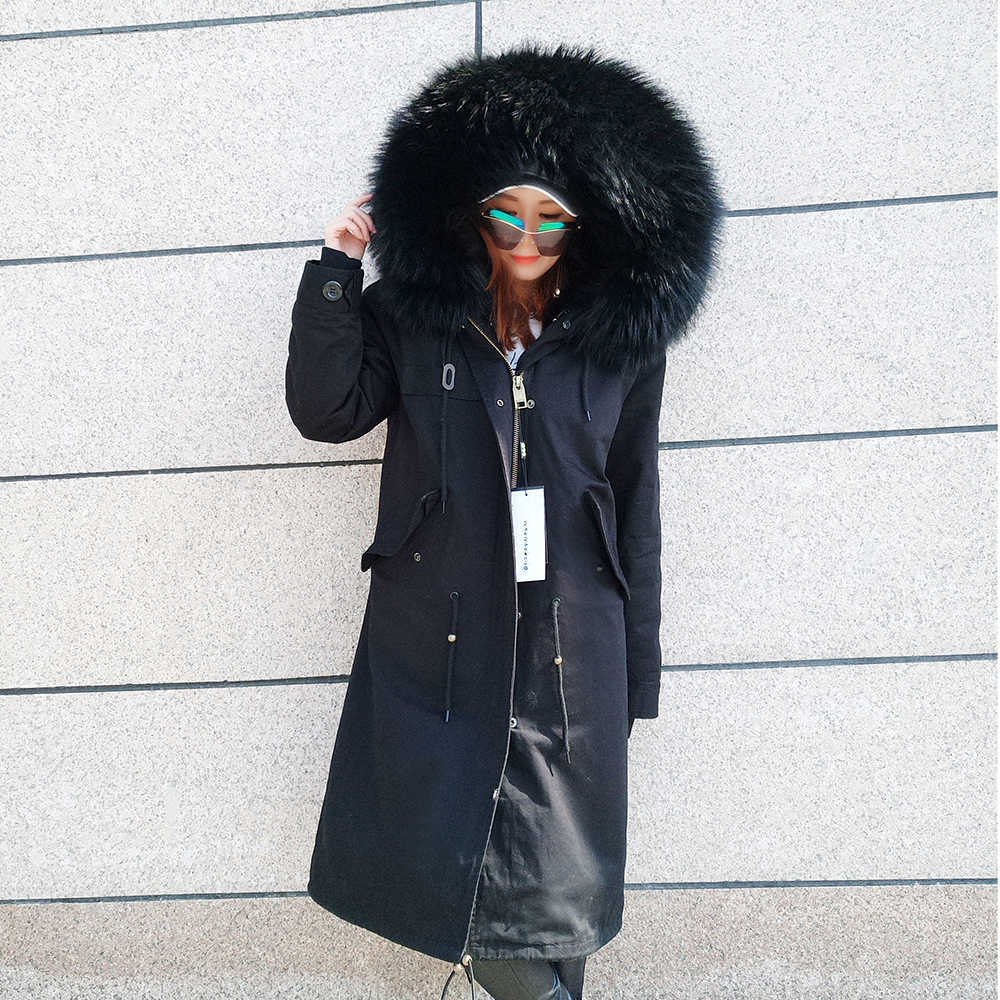 Winter , female long coat, warm long black waterproof park with movable natural fur 211019