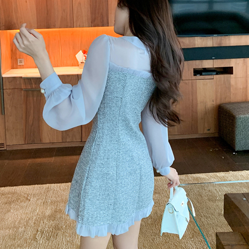New Spring Vintage Sexy See-through Chiffon Patchwork Tweed Mini Dress Women Ribbon Bow Single-breasted Long Sleeve Party Dress 210409