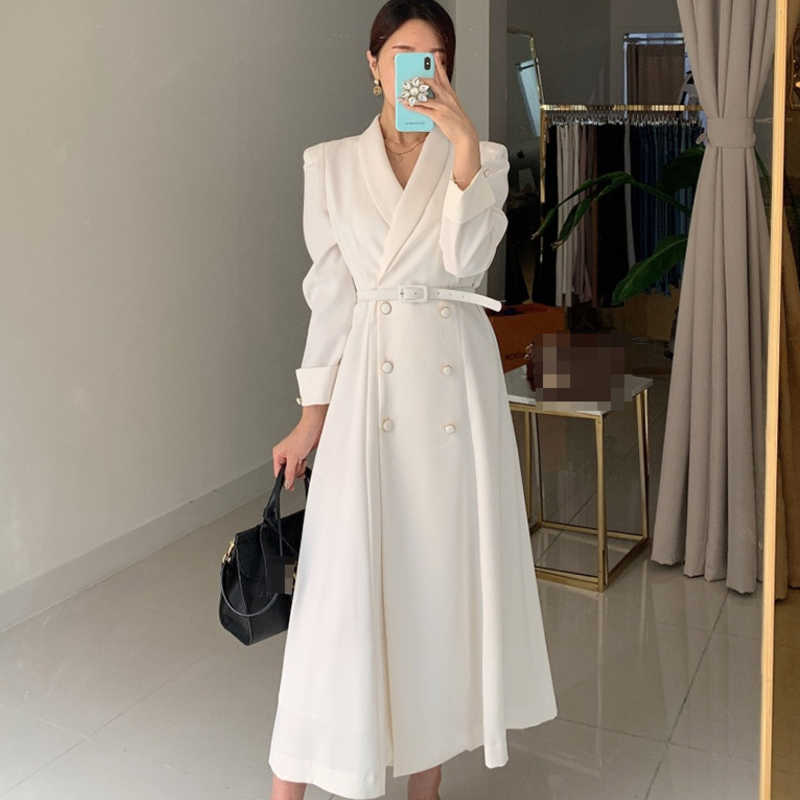 Spring Elegant Windbreaker Women's White Maxi Dress Korean Clothing Femme Robe Slim Suit Collar Double-Breasted Coat With Belt 210915