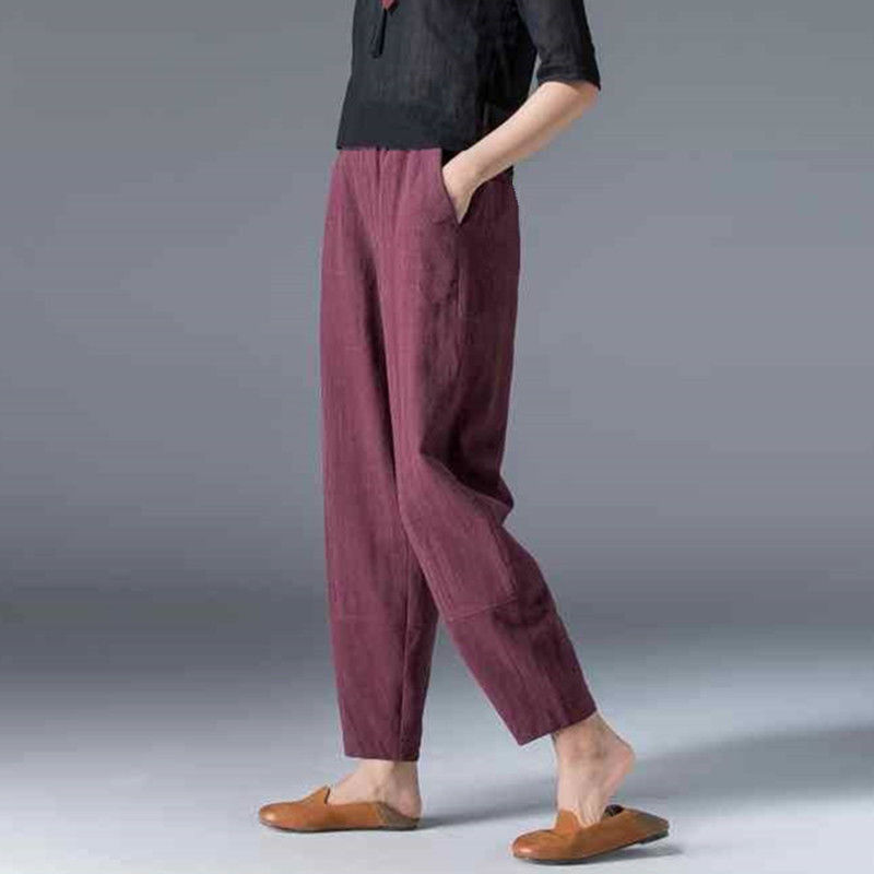 Spring Summer Women Pants Plus Size Loose Casual Harem Elastic Waist Pocket Cotton Linen Vintage Ladies Trousers D61 210512
