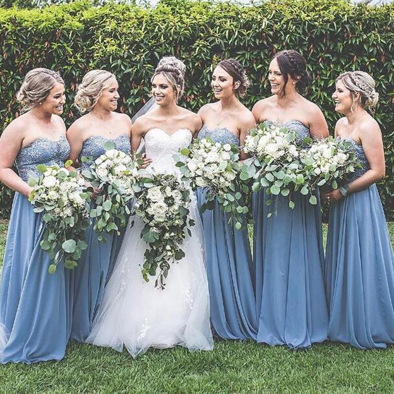 Top Lace Bridesmaid Dress Light Sky Blue A Line Sleeveless Chiffon Spring Summer Countryside Garden Maid of Honor Gown Wedding Guest Tailor Made Plus 