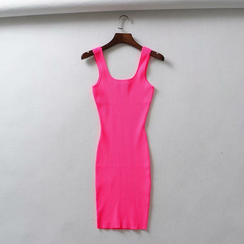Summer Pink Neon Green Dress Women Ribbed Fluorescence Knit Bodycon Dress Tank Beach Casual Mini Dress Short Sundress 210409