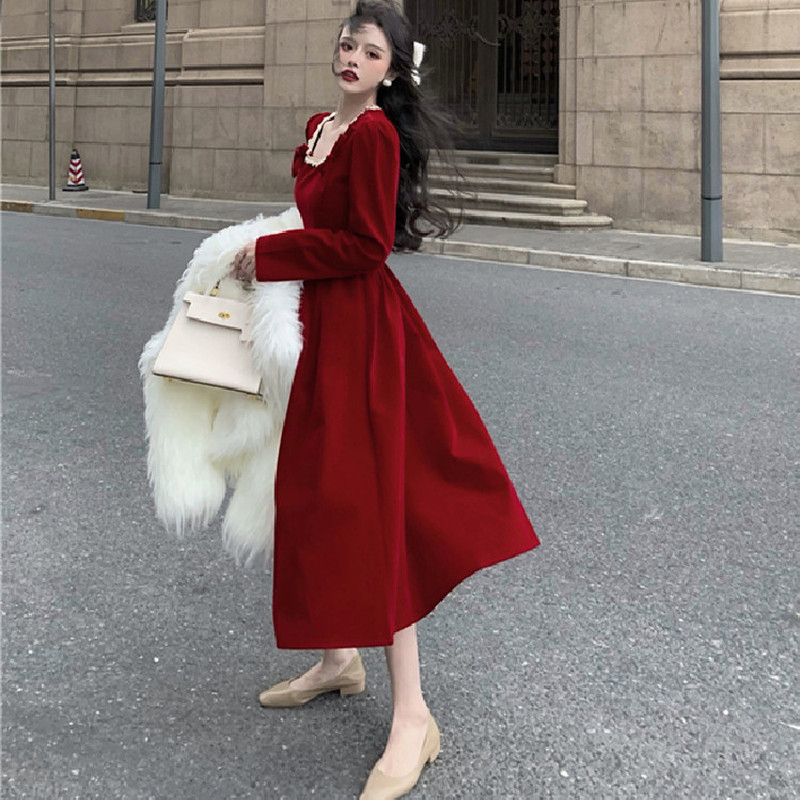 Vintage Midi Dress Women Spring Long Sleeve Bow Square Collar Dress Korean Party French Elegant Dress Female 210521