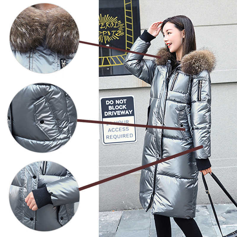 URSPORTTECH Winter Jacket Women Long Parka Big Fur Hood Thicken Warm Winter Long Coat Women Cotton Glossy Down Jacket Oversized 210528
