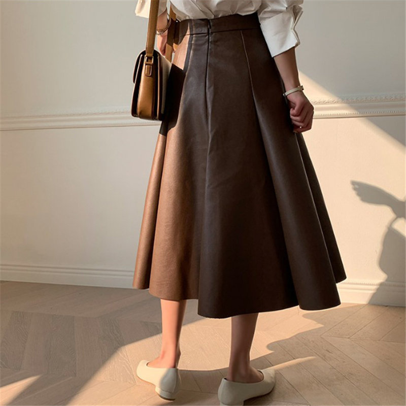All Match Minimalist High Quality Chic Fashion PU Leather Winter Retro Slender Waist A-Line Long Flare-Skirts 210421