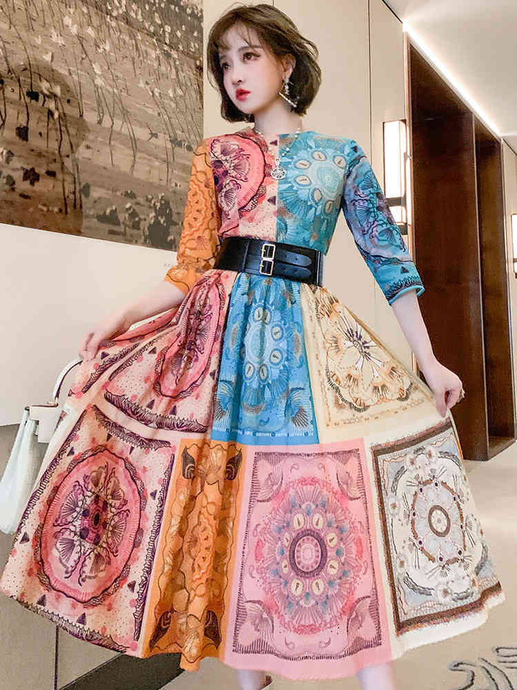 Spring Elegant Fashion Art Print Dresses Vintage Women O-Neck High Waist Casual Big Swing Dress With Belt Vestidos 210519