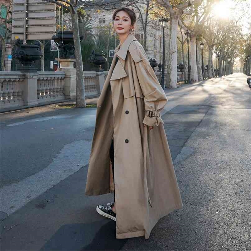 Korean Loose Oversized Long Women's Trench Coat Double-Breasted Belted Lady Cloak Windbreaker Spring Fall Outerwear Grey A106 210820
