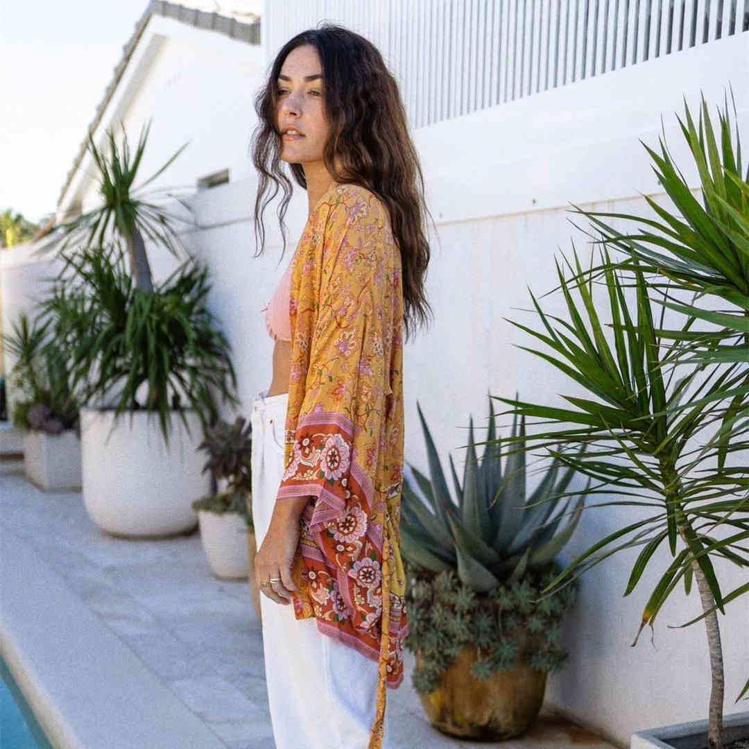 Yellow Bohemian Printed Bikini Cover-ups Long Kimono Cotton Tunic For Women Summer Wrap Dress Beach Wear Swim Suit Cover Up A558 210420