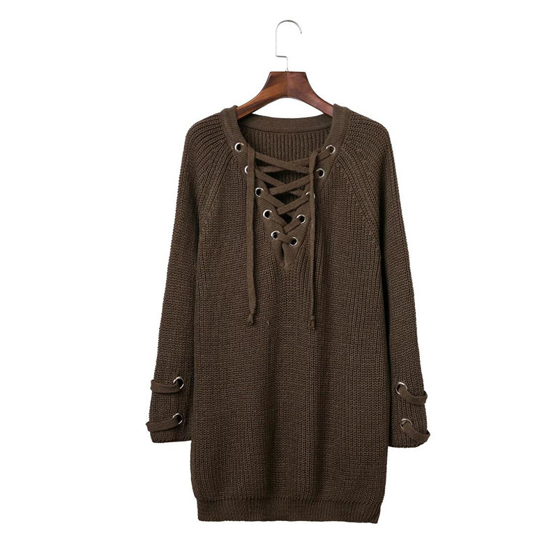 Autumn Christmas Sweater Pullovers Women Knitted Lace-up Sweaters Striped Bandage Knitwear Loose Casual Long Jumpers female 210419