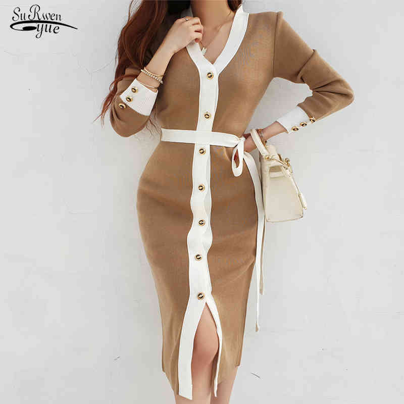 Spring Elegant V-neck Slim Single Breasted Color Contrast Lace Up Waist Sweater Dress Korean Knitted Midi Robe 12923 210521, Black
Spring Elegant V-neck Slim Single Breasted Color Contrast Lace Up Waist Sweater Dress Korean Knitted Midi Robe 12923 210521, Black