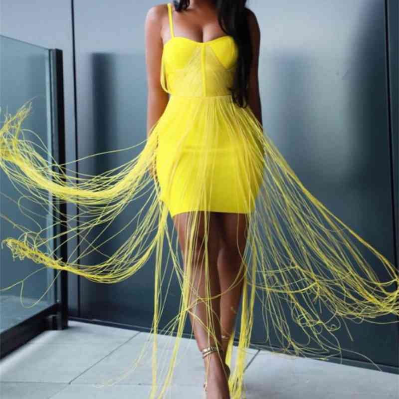 New Fashion High Quality Yellow Black Tassel Rayon Long Bandage Dress Celebrity Evening Party Dress 210409