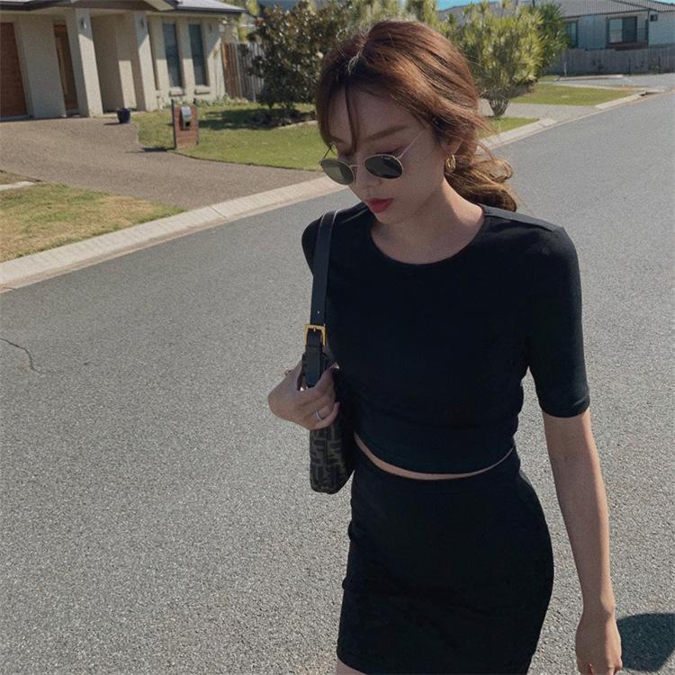 Summer Women Set Sexy Knitted Black Short Sleeve O-Neck Tops Female Fashion Two Piece Mini Casual Slim Korean Dress