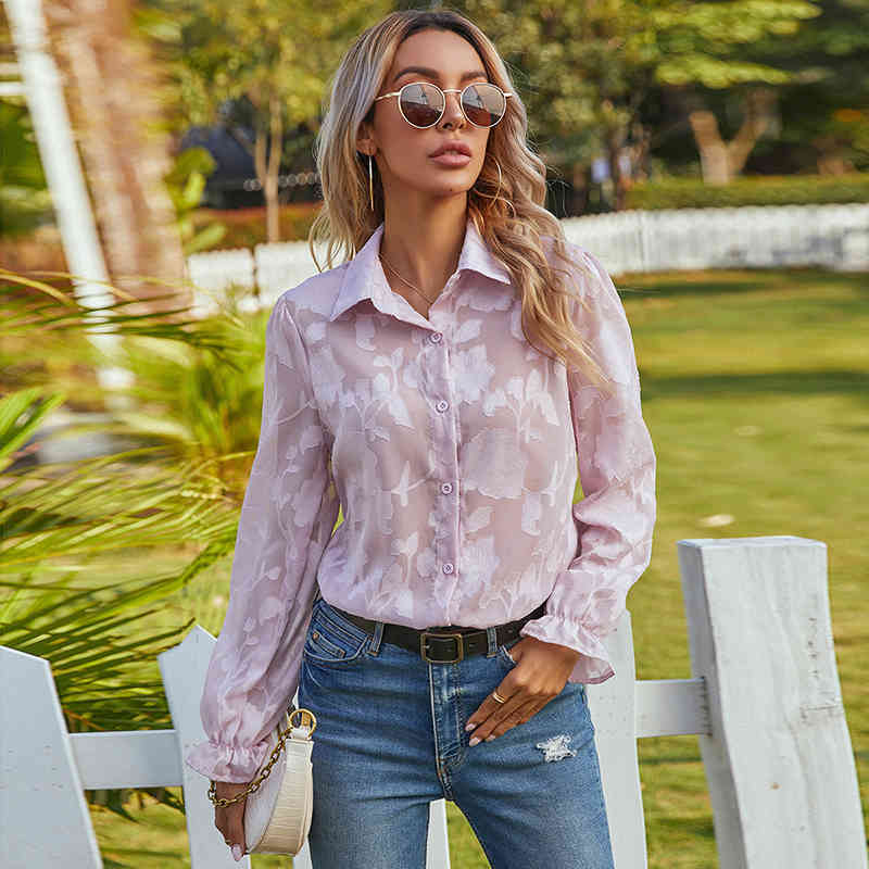 Turn-down Collar Button Up Sheer Blouse Spring Summer Women Black Sexy Shirt Long Sleeve Flower Applique Top 210510