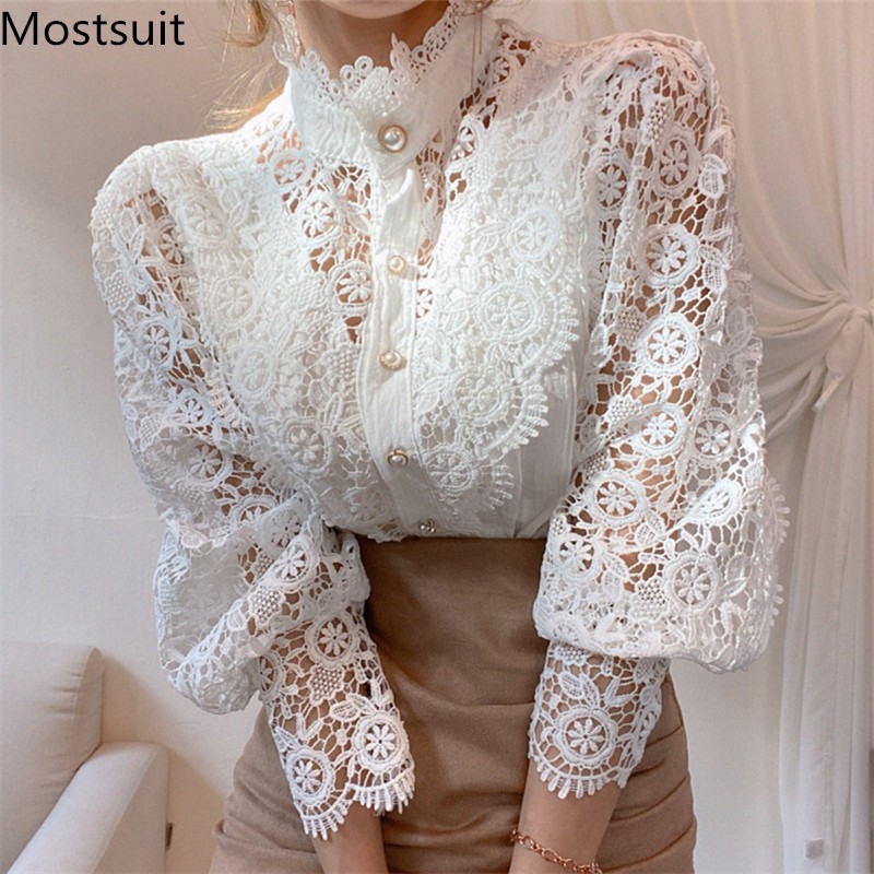 Vintage Lace Hollow Out Women Blouse Shirt Spring Full Sleeve Stand Collar Blusas Korean Elegant Sexy Ladies Tops 210518, White
Vintage Lace Hollow Out Women Blouse Shirt Spring Full Sleeve Stand Collar Blusas Korean Elegant Sexy Ladies Tops 210518, White