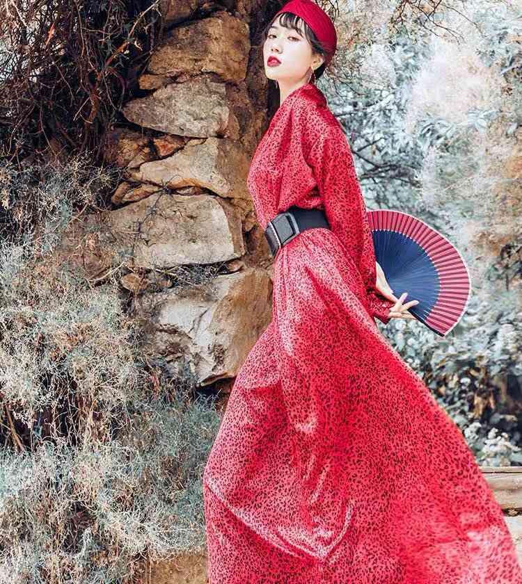 Spring Summer Women Dress Red Maxi Leopard Long V-neck Full Sleeve Vestido Verano Style Runway Party Belt 210421