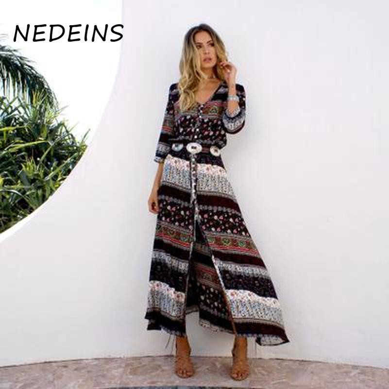 NEDEINS Summer Women Boho Beach Dress Floral Print Long Maxi es Woman Party Night Elegant Sundress 210623
