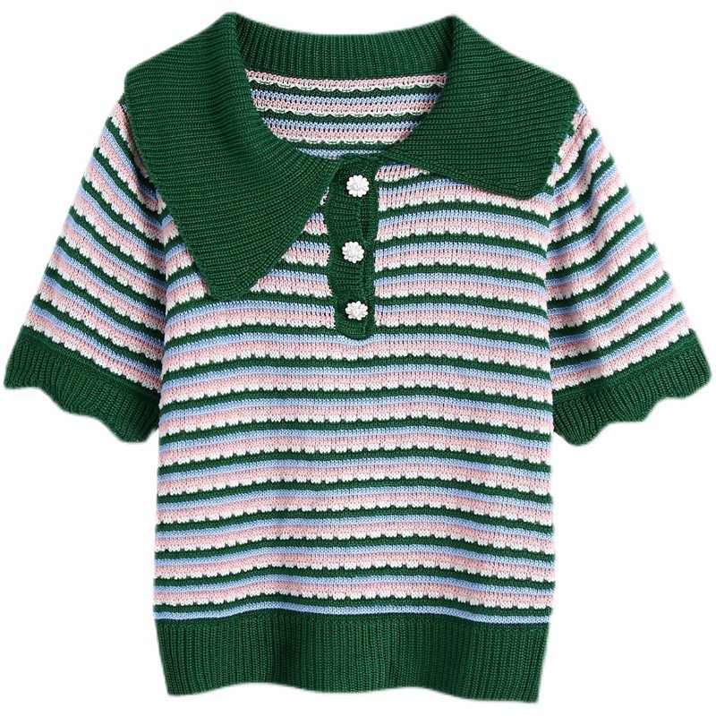 Summer Striped Knitted Sweater Knitwear Women Short Sleeve Turn-down Collar Buttons Pullover Tops Korean Vintage Fashion Jumpers 210514