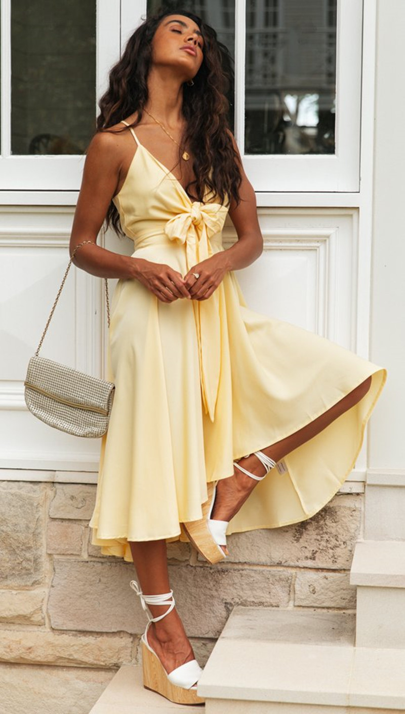 Foridol Bownot Front Women Summer Bohemian Beach Dress Famale Casual Yellow Maxi Long Dress Sundress New Vestidos Mujer 210415