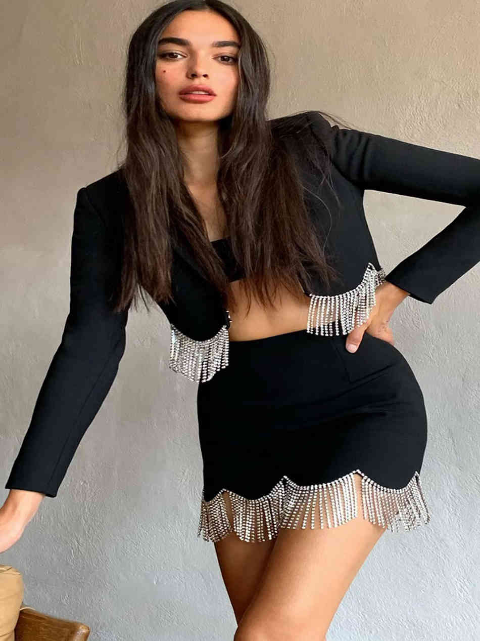 Free Women's Suit Sexy Lapel Long Sleeve Diamond Tassel Short Jacket & Mini Skirt Two Piece Set 210524