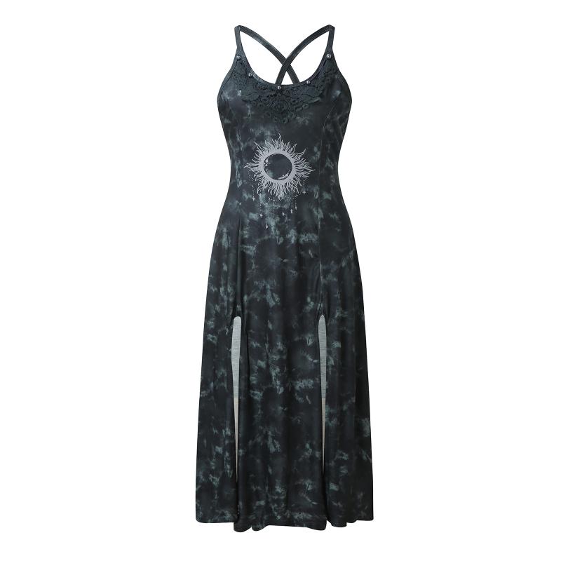Dress Women Casual Summer Retro Dyeing Lace Print Split Dresses Sexy Long Slip Plus Size Gothic Sundresses
