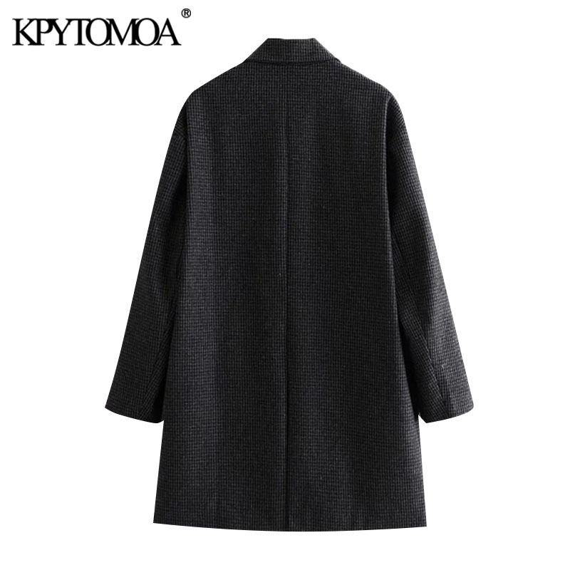 Women Fashion Single Button Loose Check Woolen Coat Vintage Long Sleeve Back Vents Female Outerwear Chic Overcoat 210416