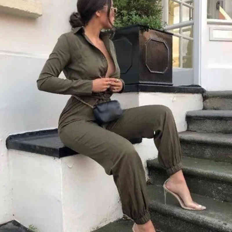 Foridol button up casual long pants jumpsuits women long sleeve autumn winter overalls casual streetstyle yellow jumpsuits 210415