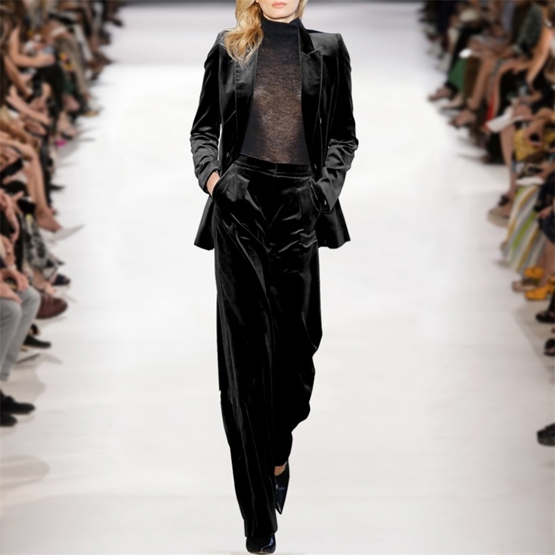High Quality Runway Women Pants Set Fall Winter Velvet Black Blazers And Office Ladies Wide Leg Overalls Trousers Suit 210519
High Quality Runway Women Pants Set Fall Winter Velvet Black Blazers And Office Ladies Wide Leg Overalls Trousers Suit 210519