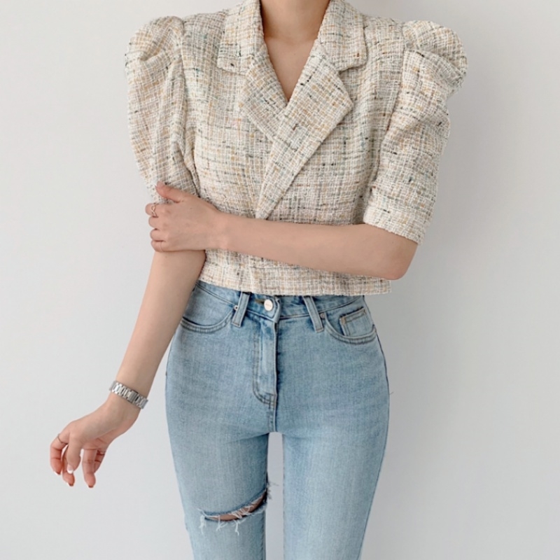 Korean Vintage Tweed Tops Summer Elegant Notched Collar Ladies Puff Sleeve Short Chic Jackets Coat 210519