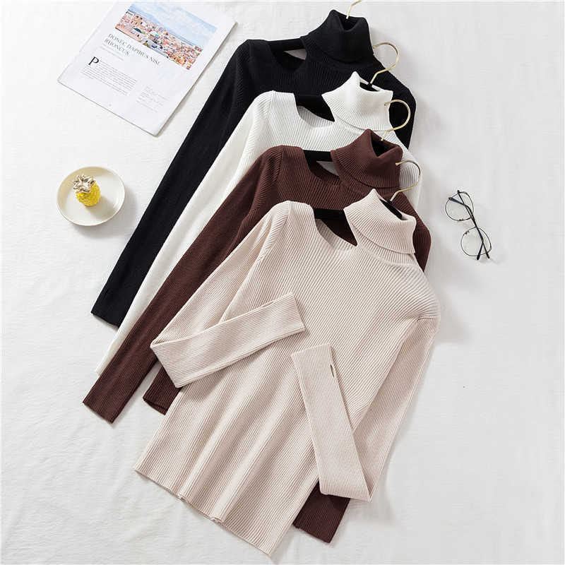 Sexy Knitted Sweater Off Shoulder Pullovers for Women Long Sleeve Turtleneck Female Jumper Black White Clothing 211018