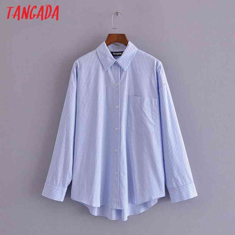 Women Blue Striped Boyfriend Style Shirt Turn Down Collar Long Sleeve Chic Female Casual Tops Blusas 3H196 210416