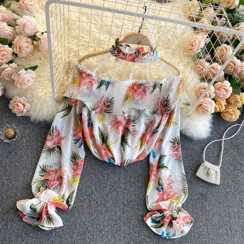 Women Fashion Stand Neck Lace Stitching Sweet Long Sleeve Slim Chiffon Shirt Holiday Ruffle Elegant Korean Clothing Blouse R071 210527