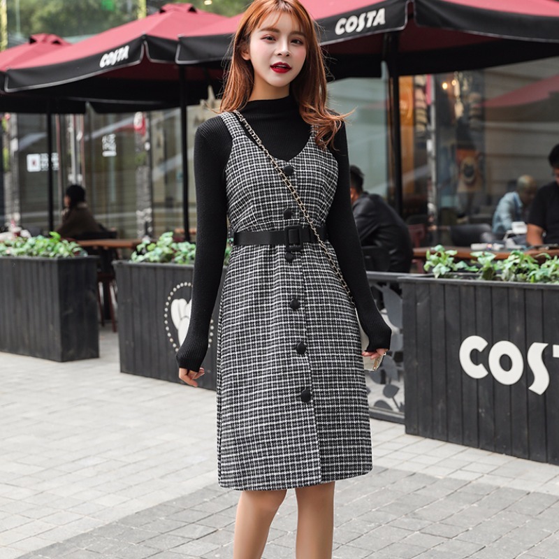 Autumn Winter 2 Piece Set Woman fashion Long Sleeves Knitted T-shirt + Vest Plaid Tweed Dress Female Outfits 210519