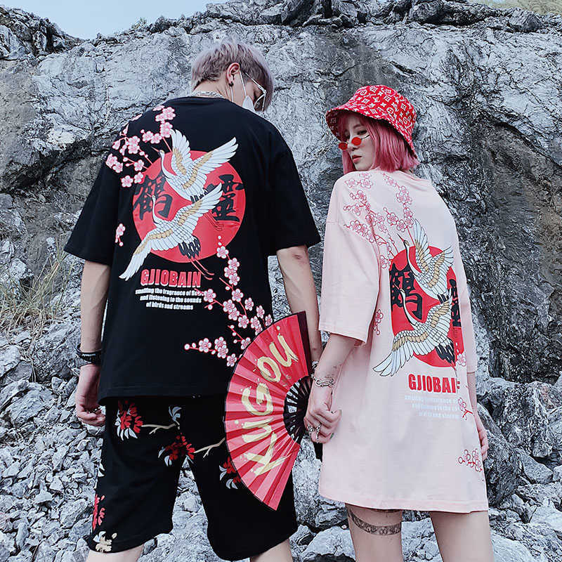 2019 Summer High Quality Crane Sakura Flower Print Short Sleeve Shirt Couple Casual Oversized Cotton Harajuku T-Shirt Tee Male X0628