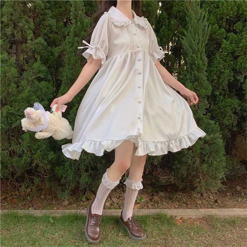 Japanese Sweet Girl Lolita Drees Kawaii Peter Pan Collar Cute Ruffle Puff Sleeve Solid Color Elegant Retro Lady 210623