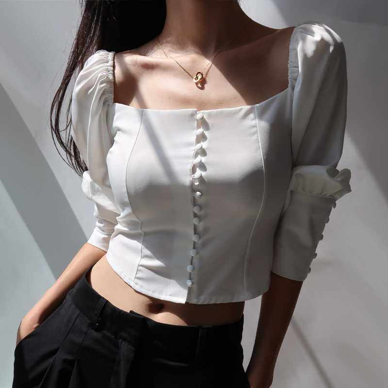 WOMENGAGA French Square Collar Single-breasted Long-sleeved Short Shirt Autumn Puff Sleeve Slim Blouse For Women CJIB 210603