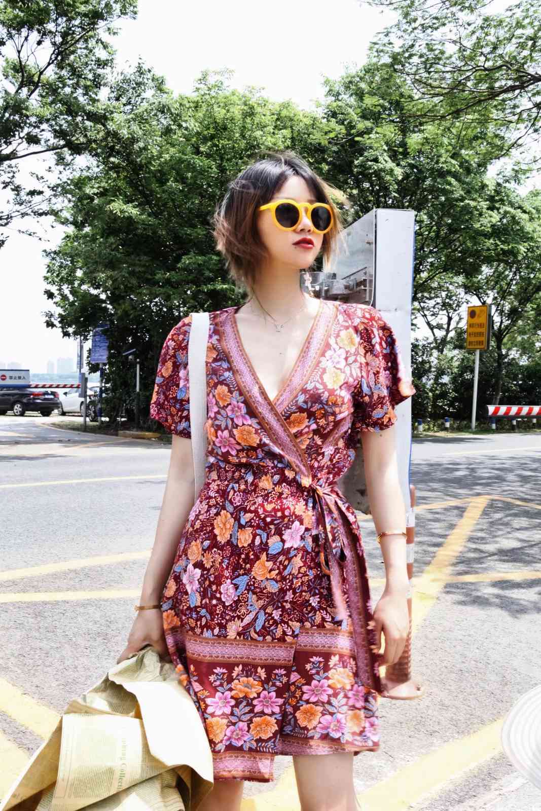 Bohemia Cotton Flower Print Short Sleeve BOHO Wrap Dress Holiday Beach Woman Bow Tie Waist Summer Dresses Vestido 210429
