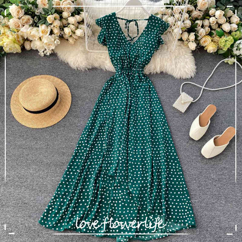 Dot Print Summer Long Dress Women Sexy V-neck Backless Ruffle Bohemia Sleeveless Dresses Irregular Chiffon Mid-calf Dress 210521, Black
Dot Print Summer Long Dress Women Sexy V-neck Backless Ruffle Bohemia Sleeveless Dresses Irregular Chiffon Mid-calf Dress 210521, Black