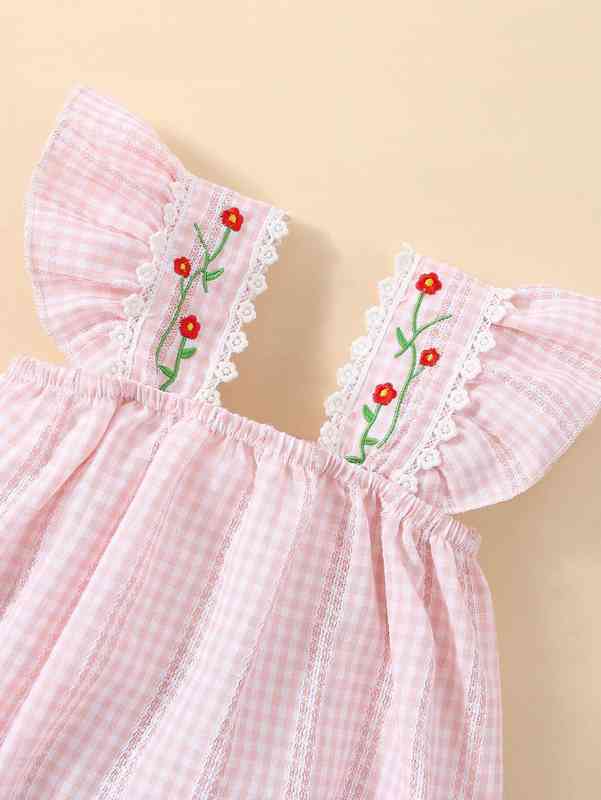 Baby Gingham Print Floral Embroidery Ruffle Trim Bodysuit SHE