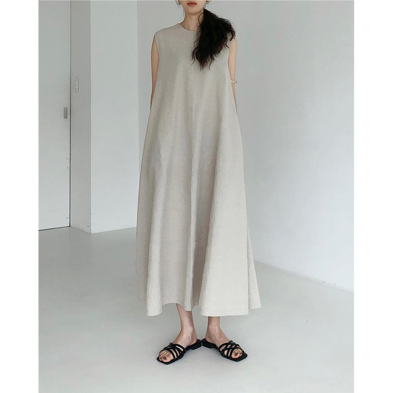 Summer Women's Korean Style Solid Sleeveless Maxi Dress O Neck Loose Casual A-Line Minimalist Office Long Dresses Lady D13701X 210416
