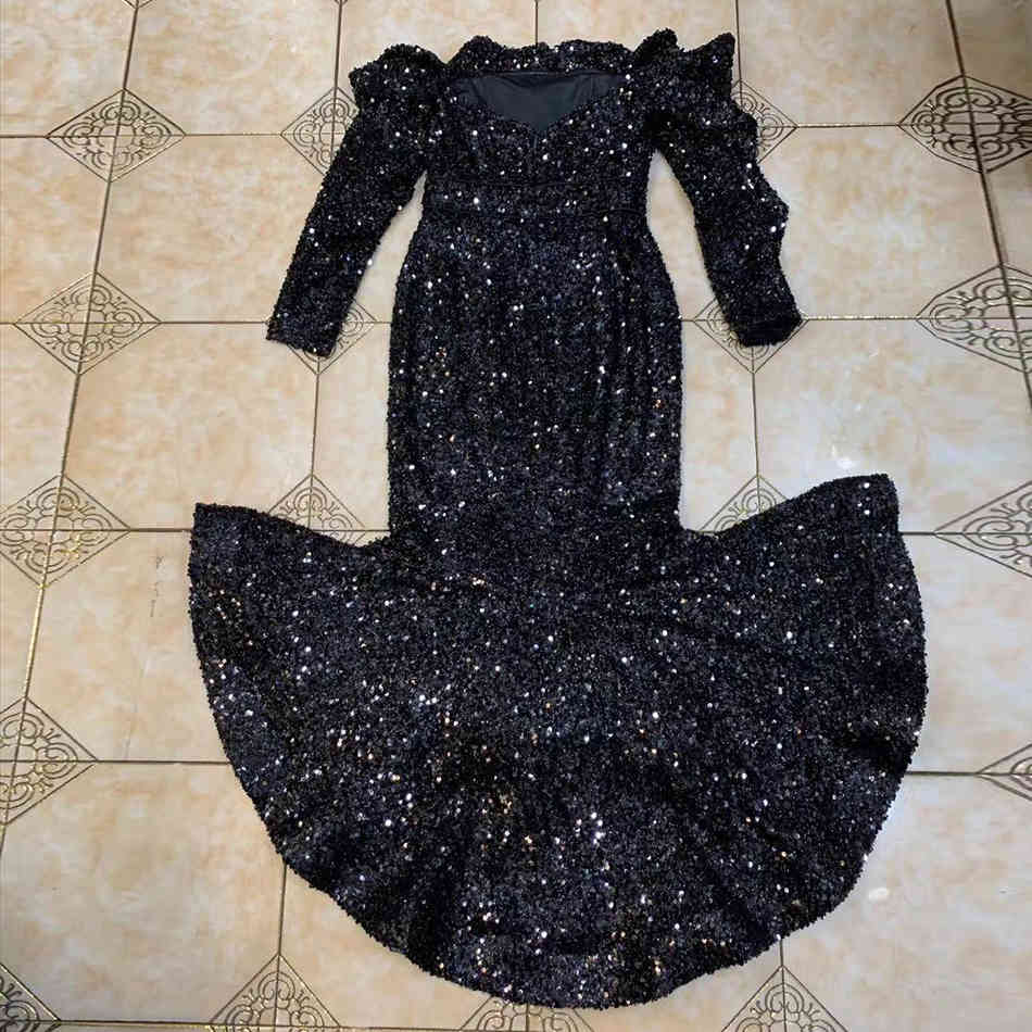 Free High Quality Women Party Sequin Dress Sexy Card Shoulder Long Sleeve Bodycon Club Fishtail Vestidos 210524