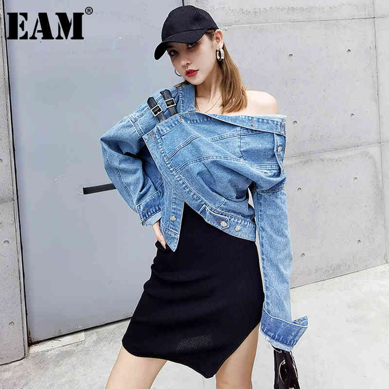 [EAM] Loose Fit Denim Pocket Big Size Asymmetrical Jacket Lapel Long Sleeve Women Coat Fashion Spring Autumn 1DD6382 21512