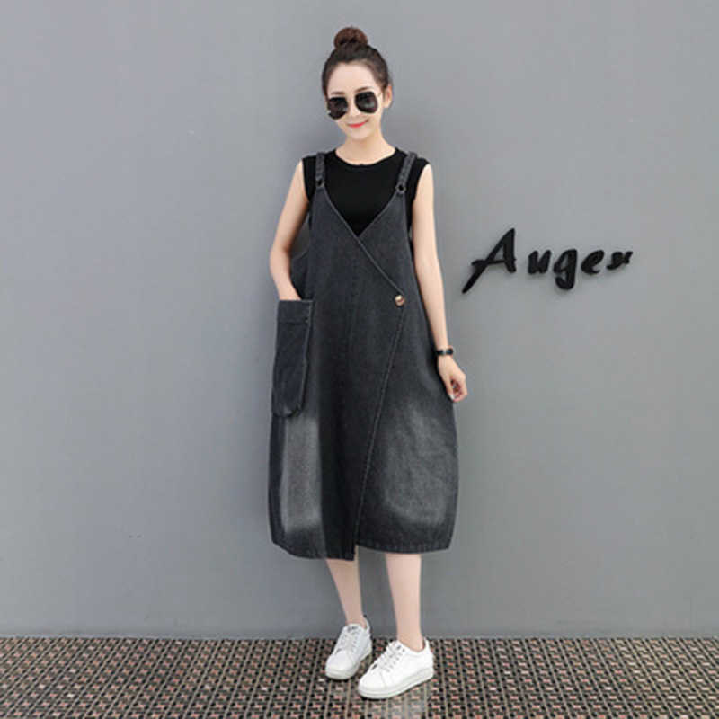 Metal Ring Adjustable Strap Big Pockets Jeans Dress Summer Sexy V-neck Korean Casual Loose Mid-length Black Denin Overalls 210604