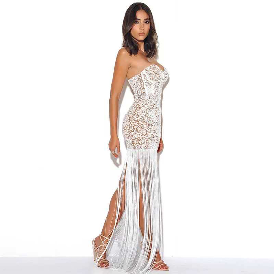 Summer Strapless Long Fringe Dress Night Party Lace Ladies Bodycon Fringed White Maxi Vestido 210525