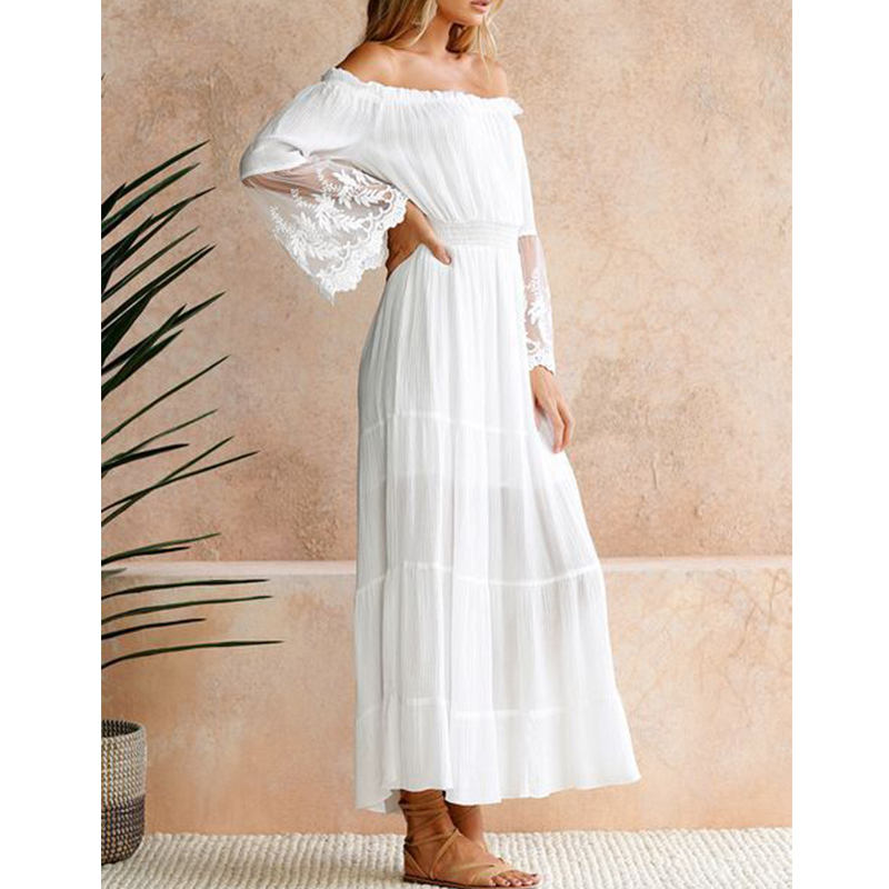 New Fashion Off Shoulder White Lace Dress Lady Shirt Dress Long Sleeve Casual Dresses Elegant Midi Dress Robe 210415