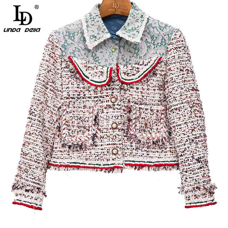 Autumn Tweed 2 Piece Sets Women's Lace Patchwork Slim Long Sleeve Coat and Tassels Short Skirt Suit 210522