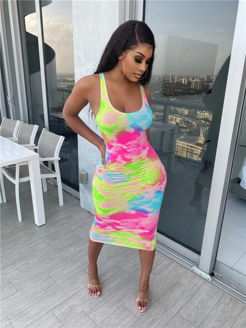Women tie dyed Dresses Sleeveless Midi SKirts Bodycon dress Summer Clothing Plus size S-2XL colorful long skirt skinny packaged hip skirtss 4787